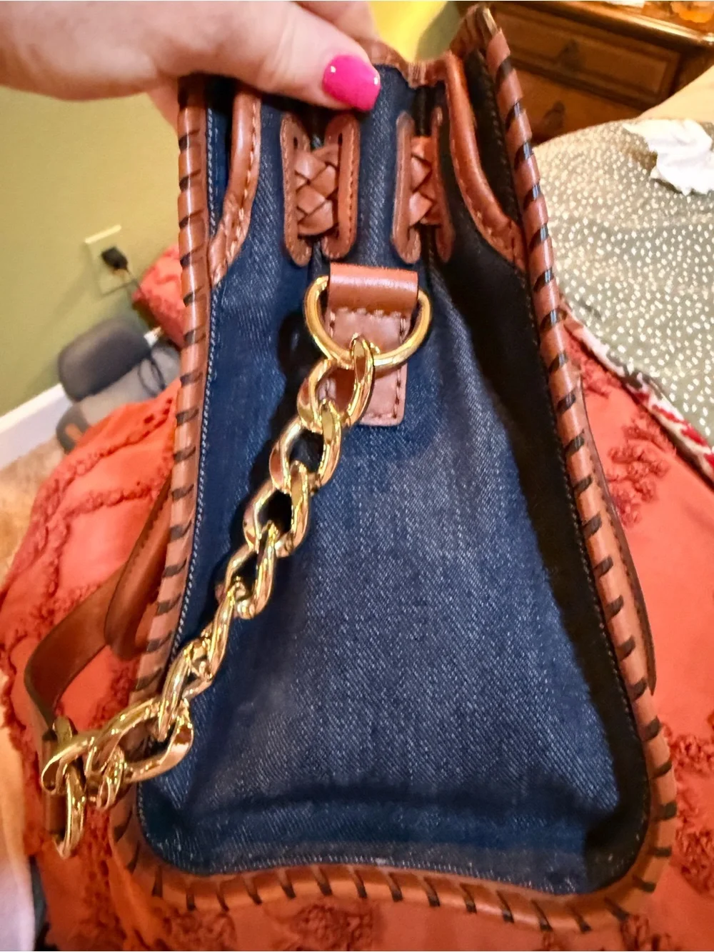 Michael Kors Navy Denim Satchel with Brown Leather Trim & Gold Hardware